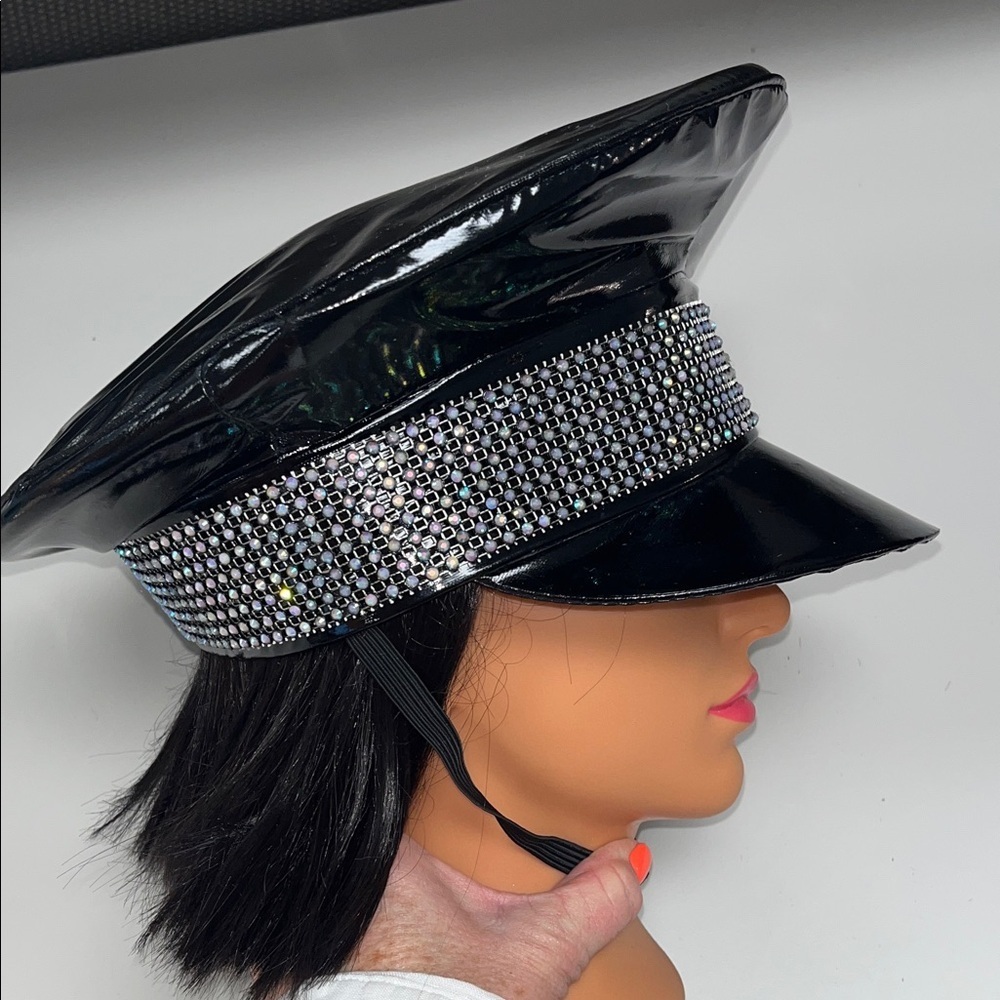 Leg Avenue Shiny faux leather Black Cap with Rhinestone Band & chin strap - Picture 3 of 9
